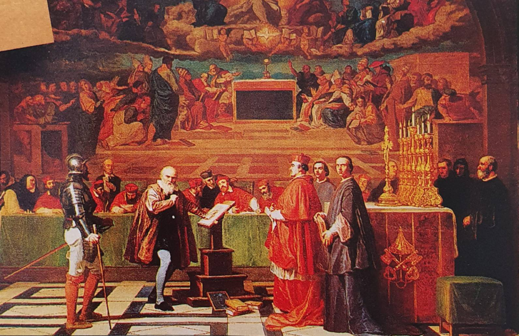 กาลิเลโอเพิกถอนทฤษฎีวิทยาศาสตร์ของเขาต่อหน้าคณะสอบสวนในโรม ปี 1633 โดยมีสังฆราชเป็นประธาน คณะผู้พิพากษานั่งอยู่ที่บัลลังค์ด้านหลัง